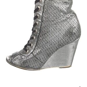 CHANEL Metallic Silver Wedge Boots
